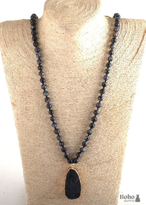 Boho Necklace, RH Precious Stone, Blue with Druzy